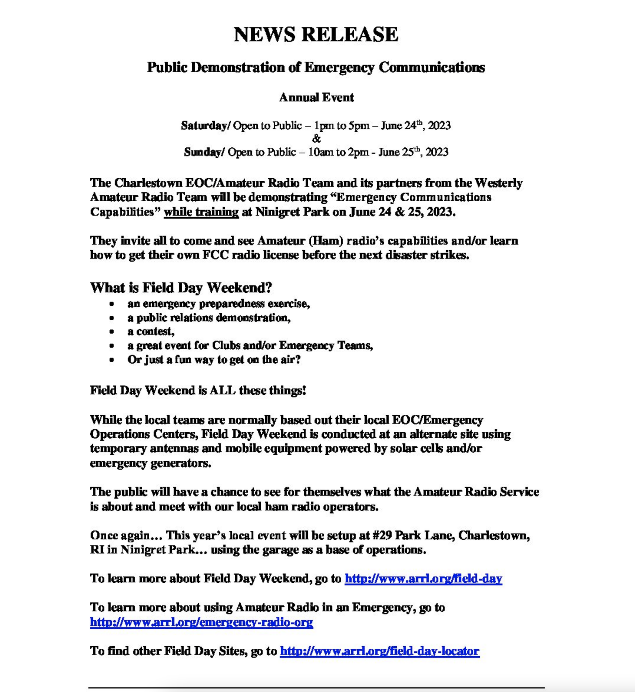 Charlestown EOC, Westerly ART Field Day announcement