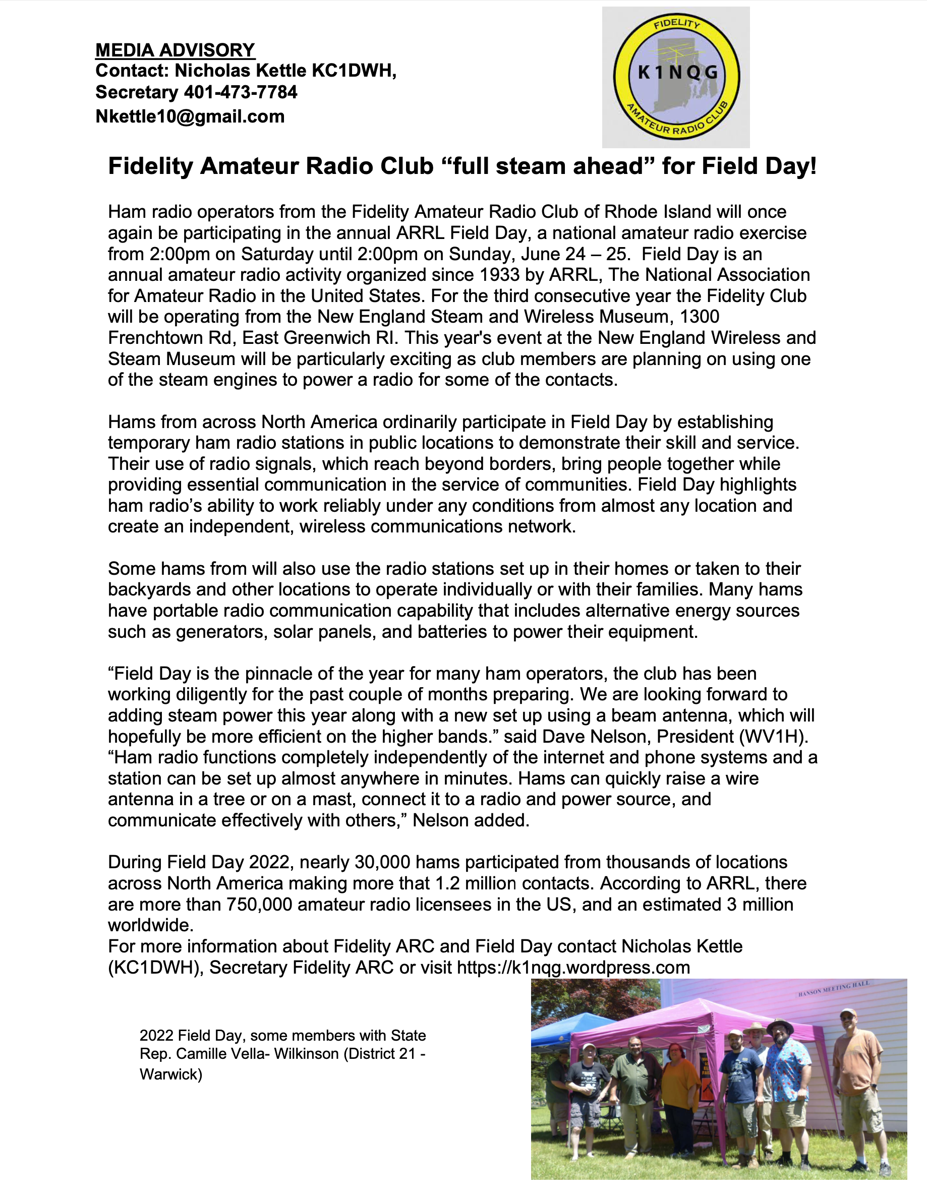 Fidelity ARC Field Day announcement, E. Greenwich RI