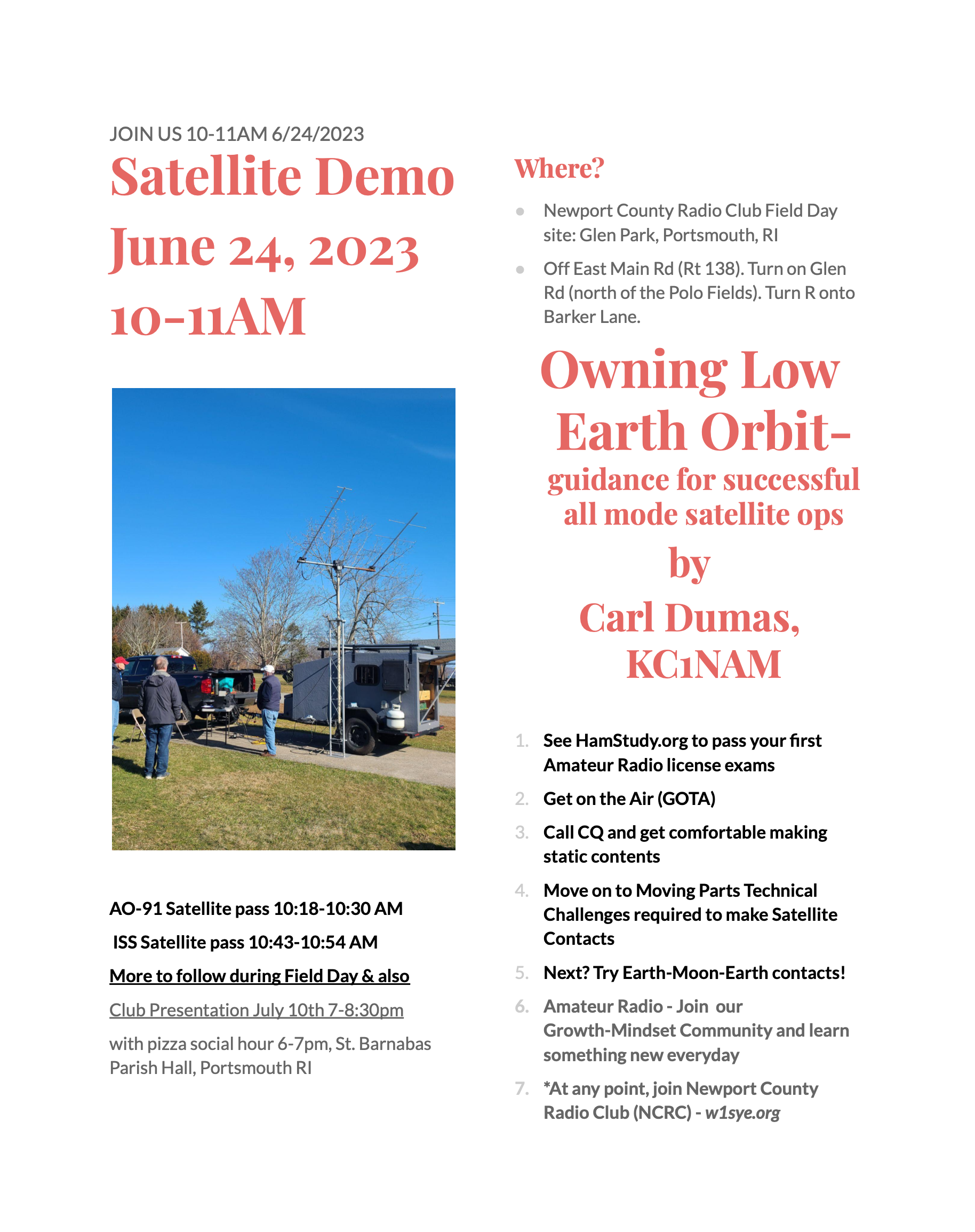 Newport Co RC 2023 Field Day, Satellite Demo announcement